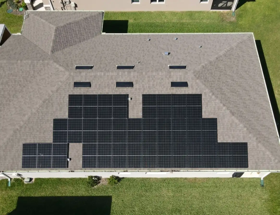 Aerial view of an all-black residential solar installation on a Riverview, Hillsborough County home by May Electric Solar